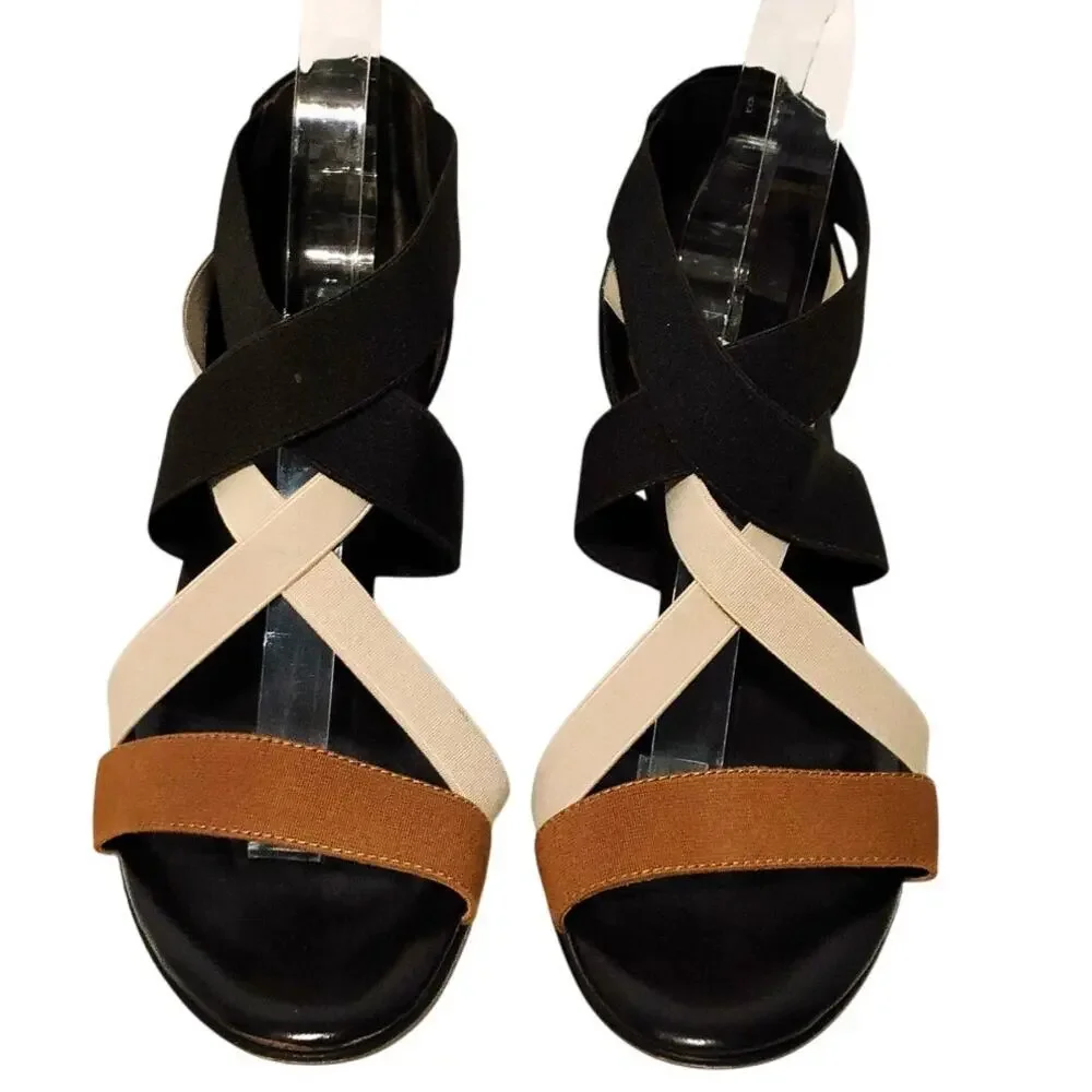 Amalfi by Rangoni Open Toe Strappy Sandals Block Heel Black Cream Tan Womens 8M